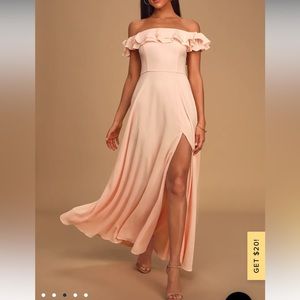 Elegance and Grace Peach Off-The-Shoulder Maxi Dress
